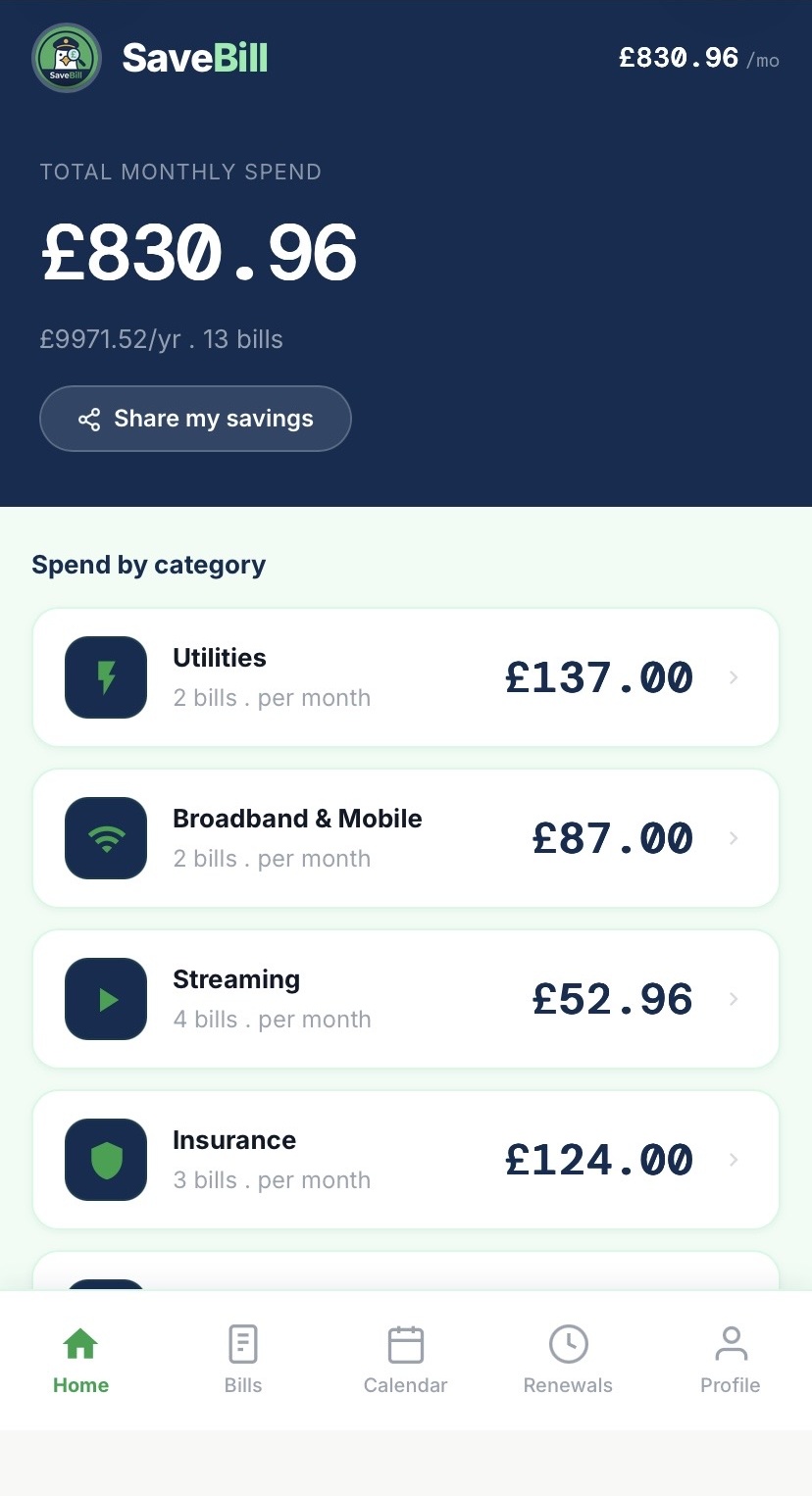 SaveBill app screenshot
